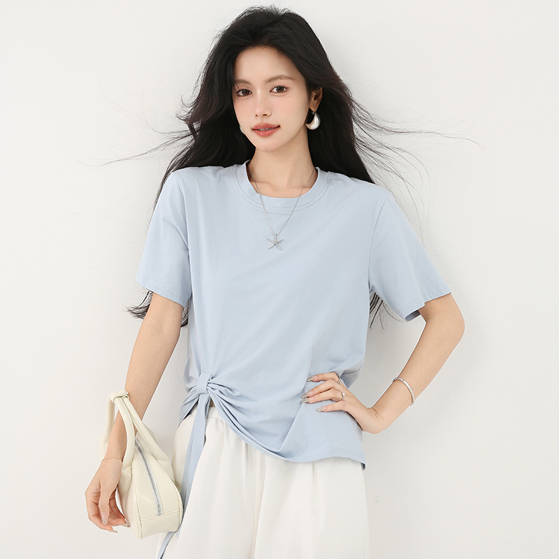 Short loose blue T-shirt irregular short sleeve tops