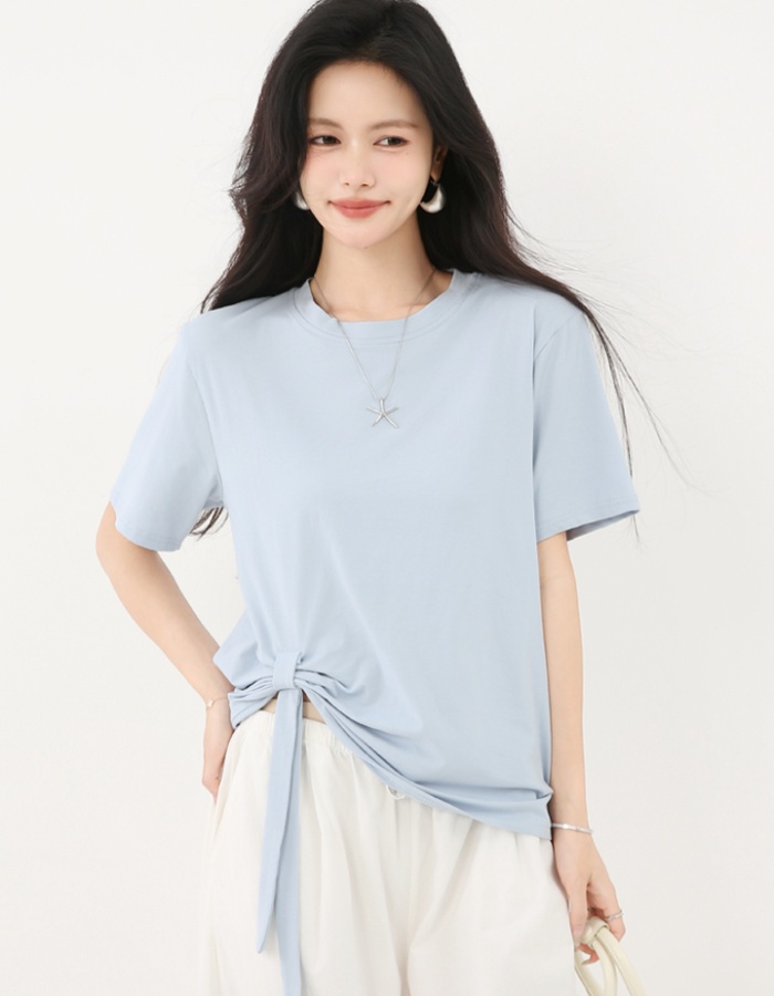 Short loose blue T-shirt irregular short sleeve tops