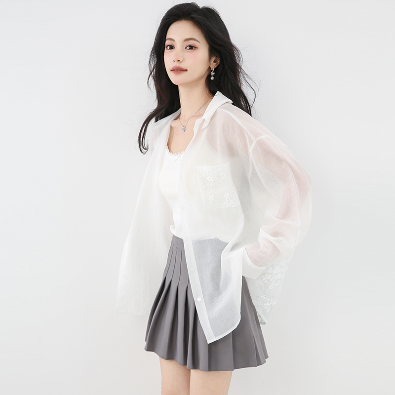 Bow lace thin sunscreen tops summer white France style shirt