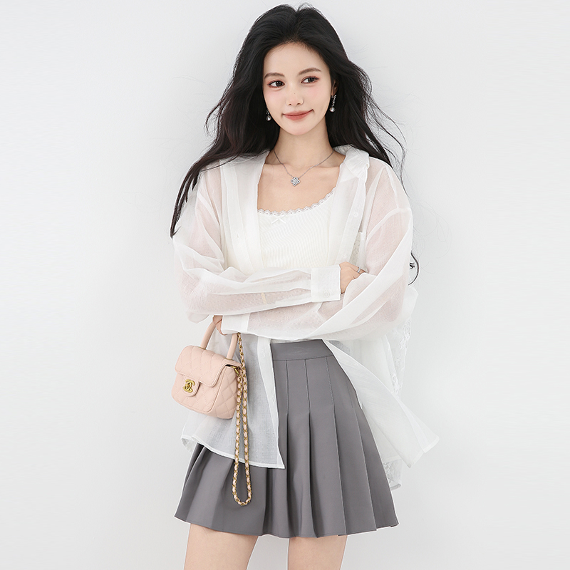 Bow lace thin sunscreen tops summer white France style shirt