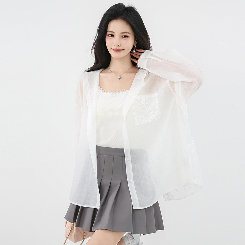 Bow lace thin sunscreen tops summer white France style shirt