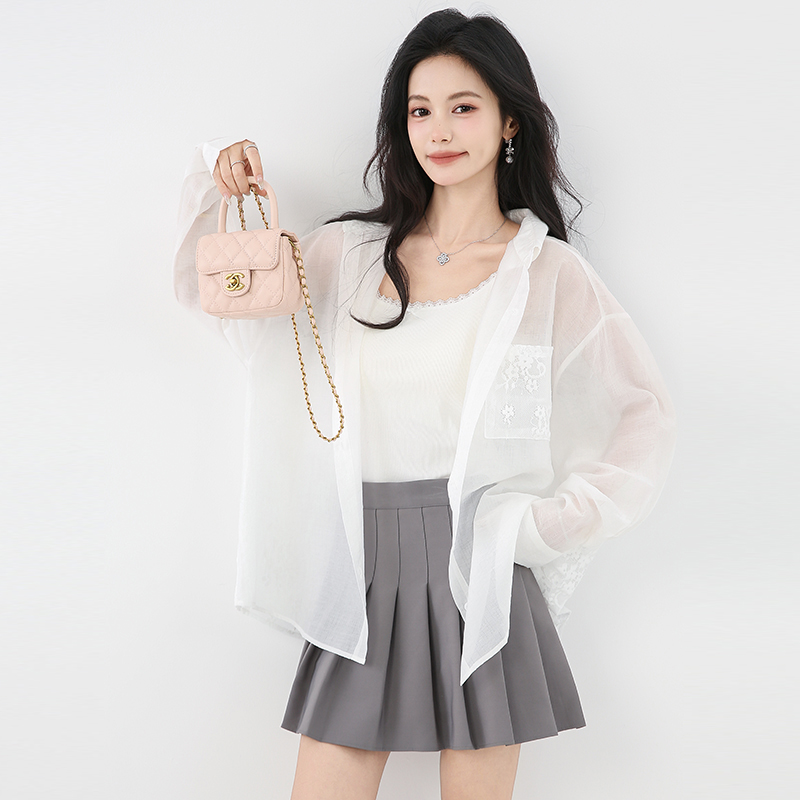 Bow lace thin sunscreen tops summer white France style shirt