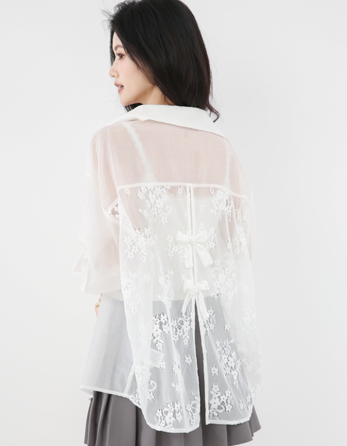 Bow lace thin sunscreen tops summer white France style shirt
