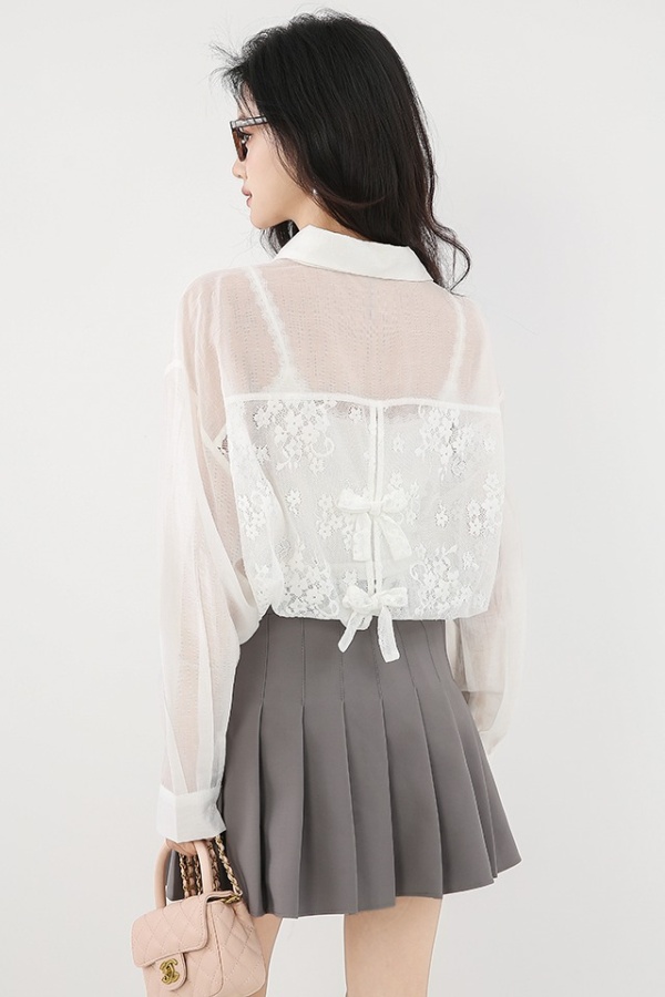 Bow lace thin sunscreen tops summer white France style shirt