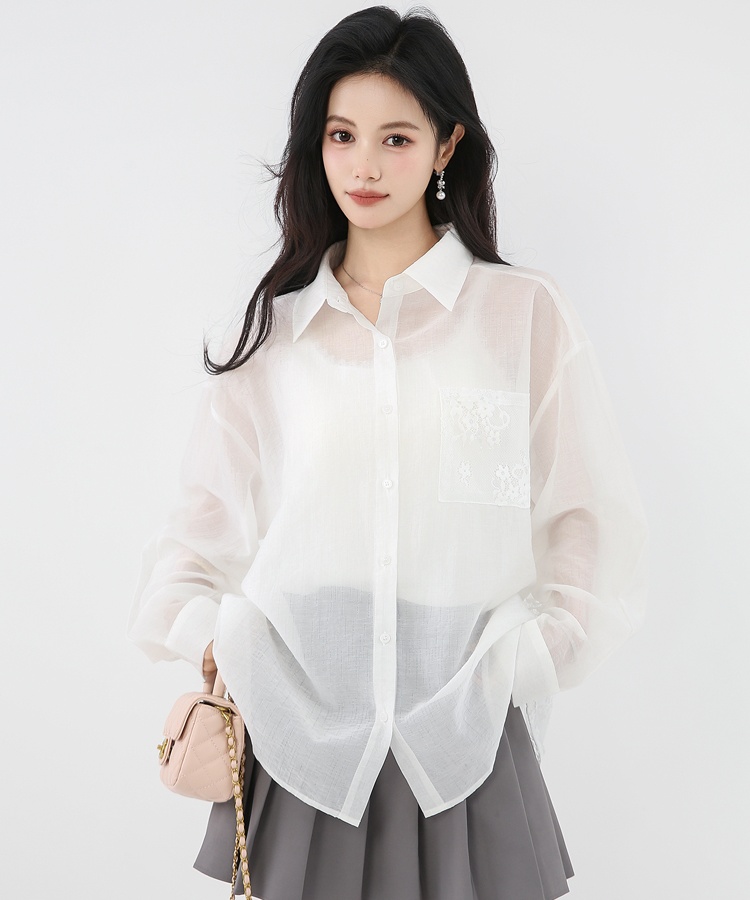 Bow lace thin sunscreen tops summer white France style shirt