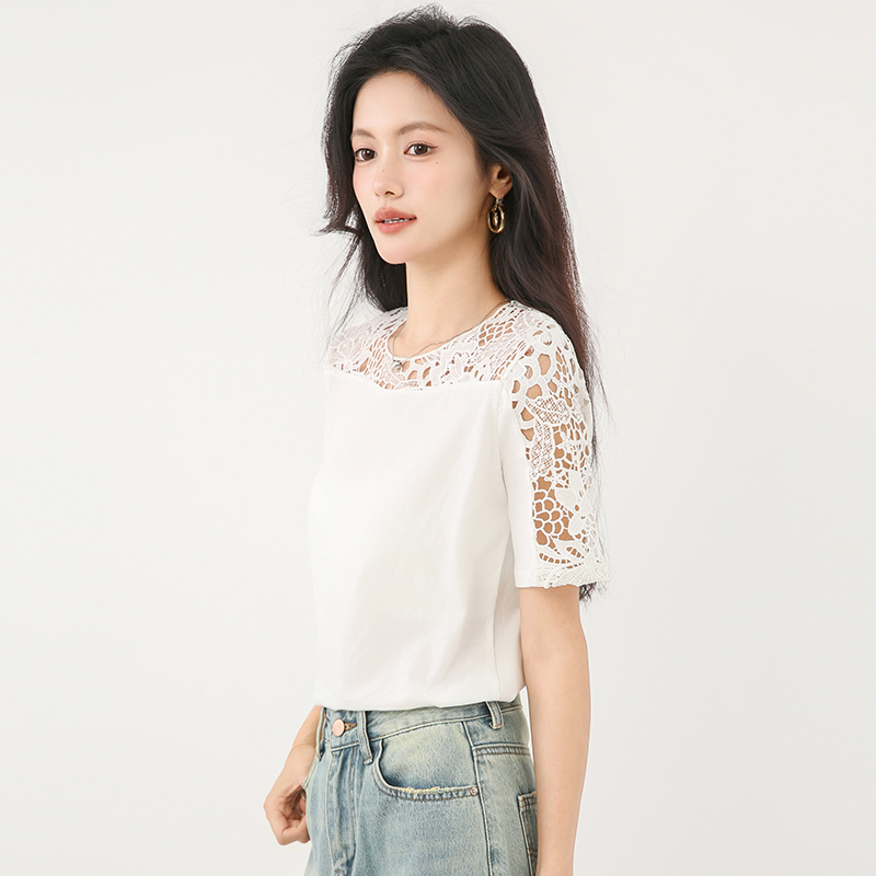 Western style white unique T-shirt slim summer tops