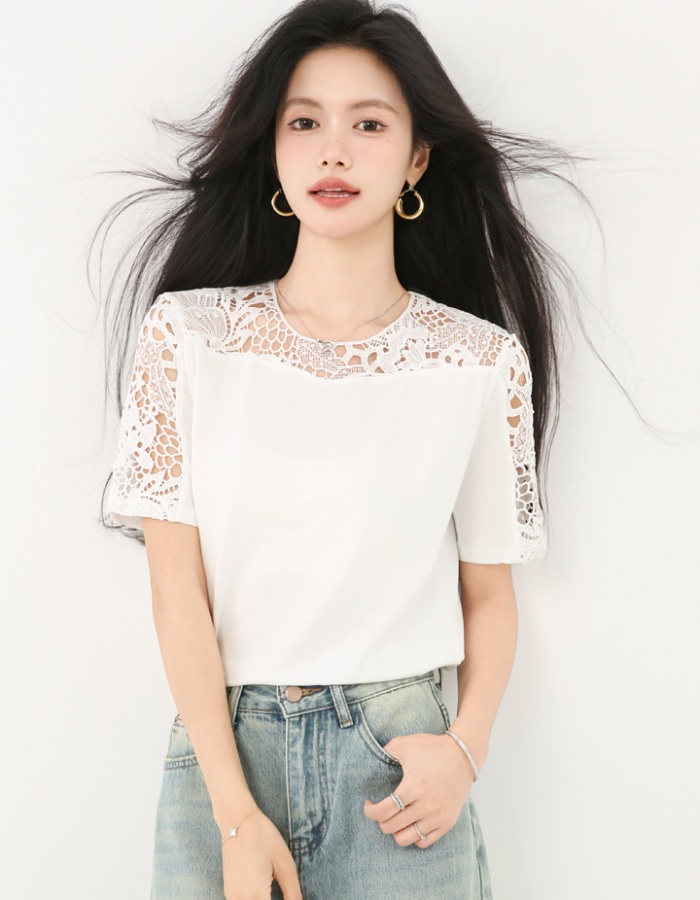 Western style white unique T-shirt slim summer tops