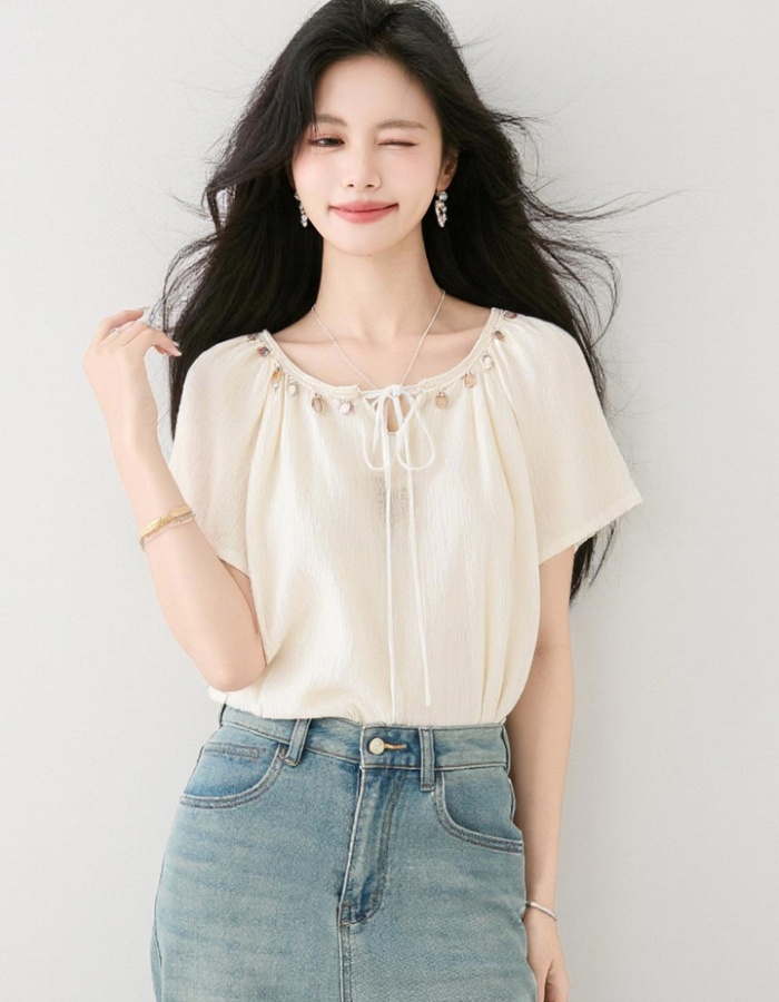 Short sleeve loose apricot T-shirt summer round neck shirt