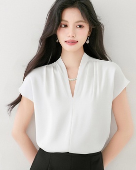 France style V-neck commuting tops satin boats sleeve shirt