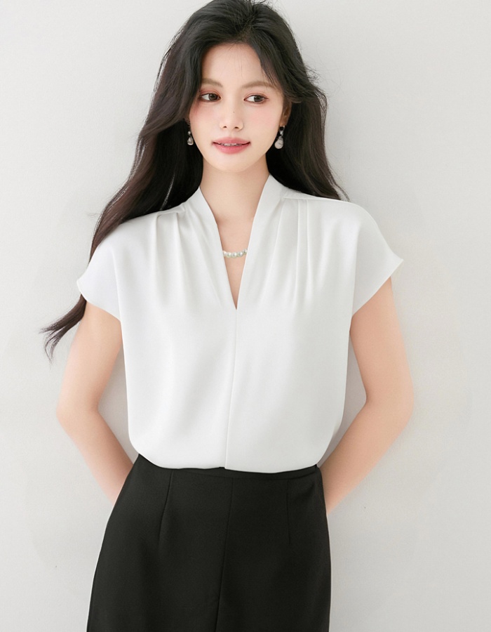 France style V-neck commuting tops satin boats sleeve shirt