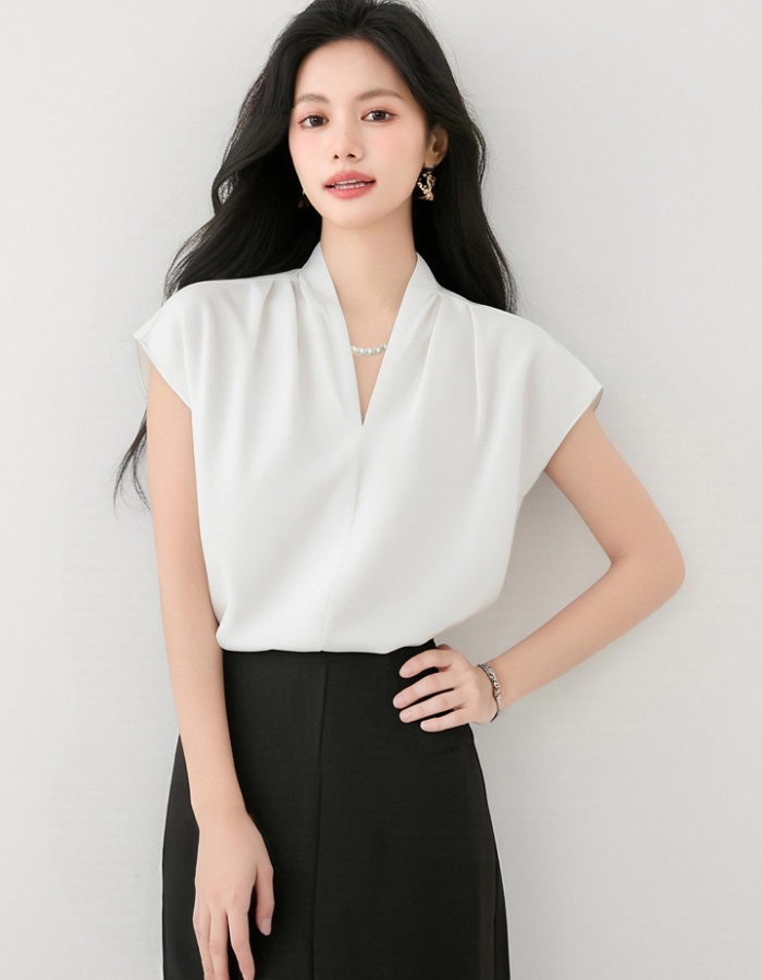 France style V-neck commuting tops satin boats sleeve shirt