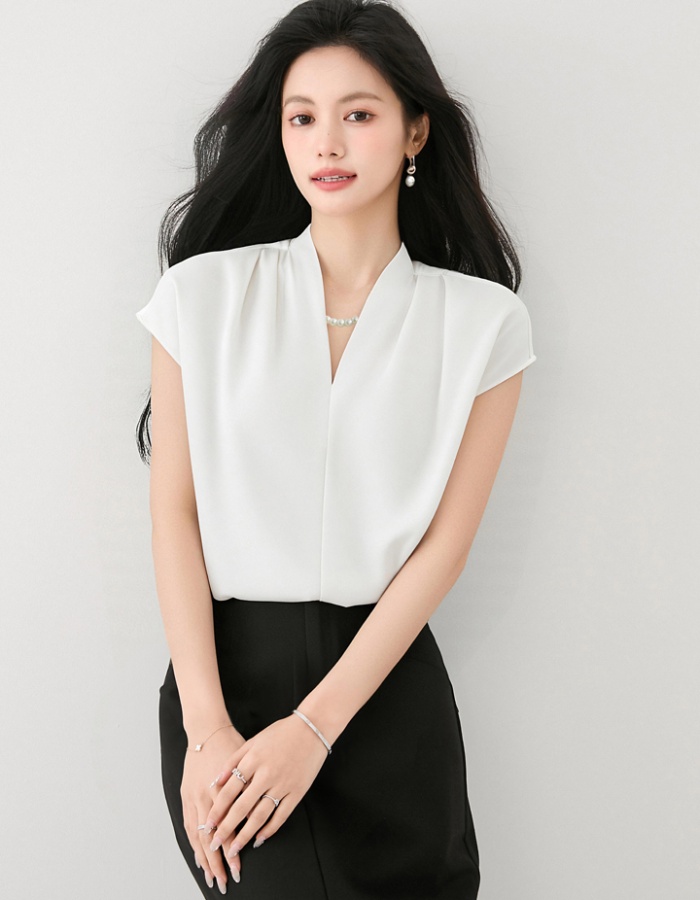France style V-neck commuting tops satin boats sleeve shirt