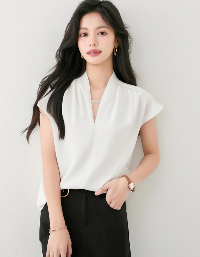 France style V-neck commuting tops satin boats sleeve shirt