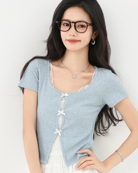 Short sleeve lace short tops Pseudo-two splice T-shirt