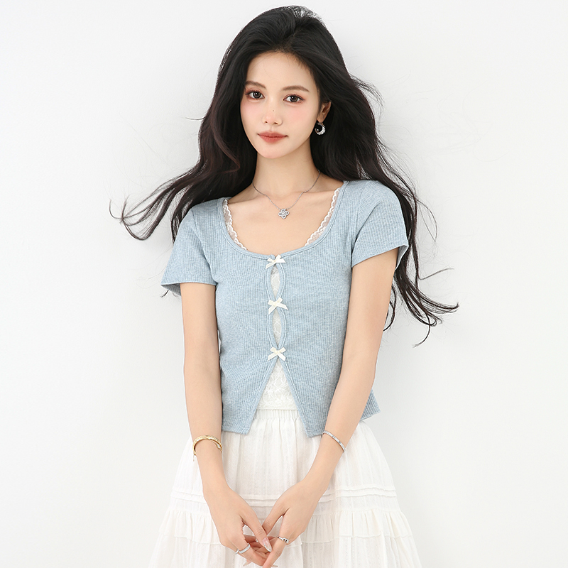Short sleeve lace short tops Pseudo-two splice T-shirt