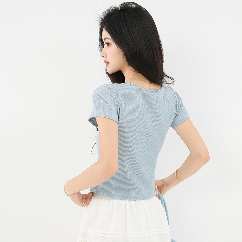 Short sleeve lace short tops Pseudo-two splice T-shirt