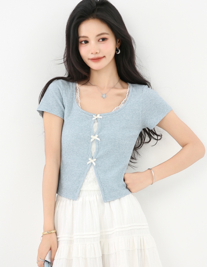 Short sleeve lace short tops Pseudo-two splice T-shirt