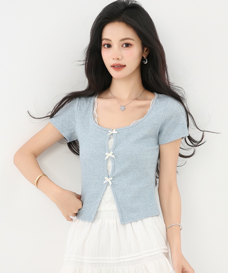 Short sleeve lace short tops Pseudo-two splice T-shirt