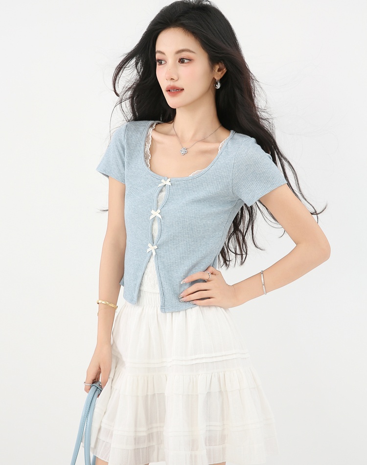 Short sleeve lace short tops Pseudo-two splice T-shirt