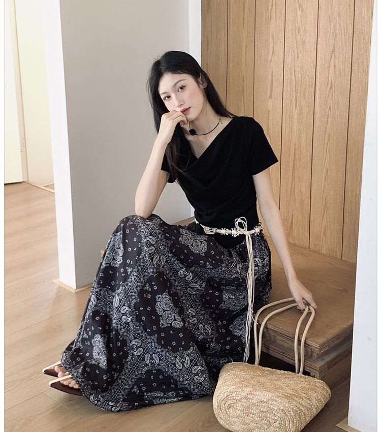 Summer irregular tops drape retro T-shirt 2pcs set for women