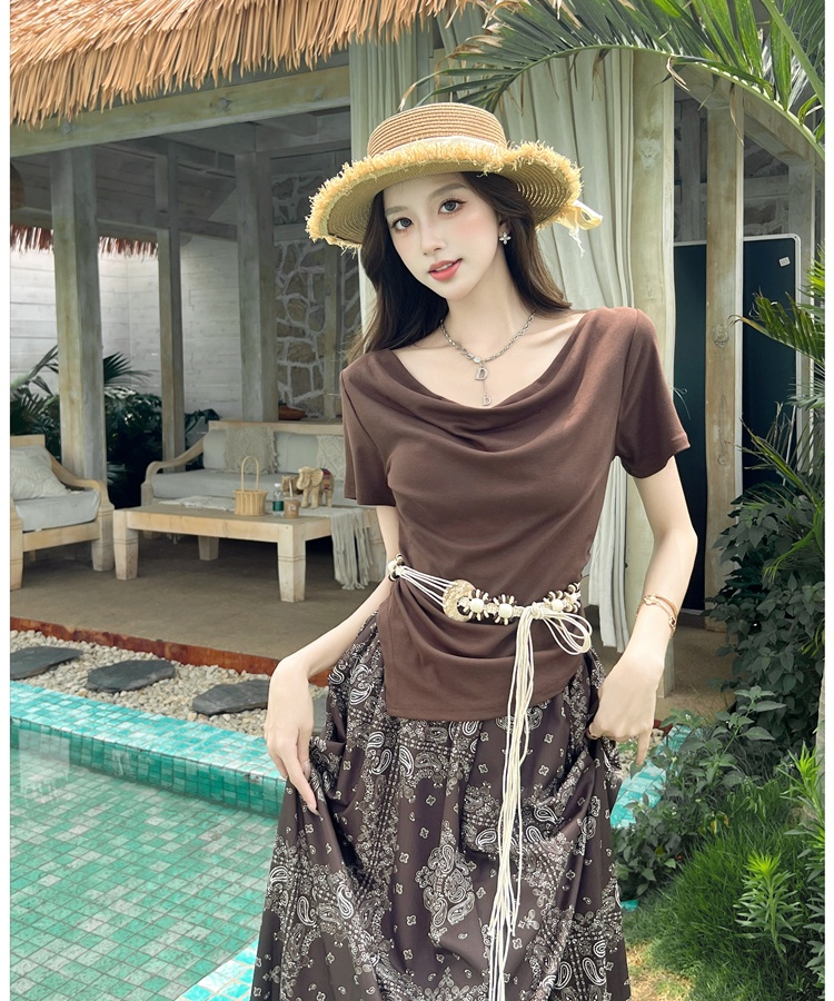 Summer irregular tops drape retro T-shirt 2pcs set for women