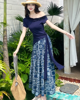 Side bandage vacation skirt summer tops 2pcs set