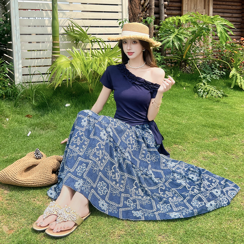 Side bandage vacation skirt summer tops 2pcs set