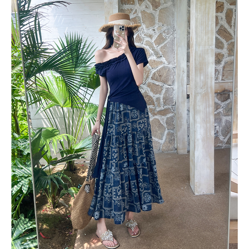 Side bandage vacation skirt summer tops 2pcs set