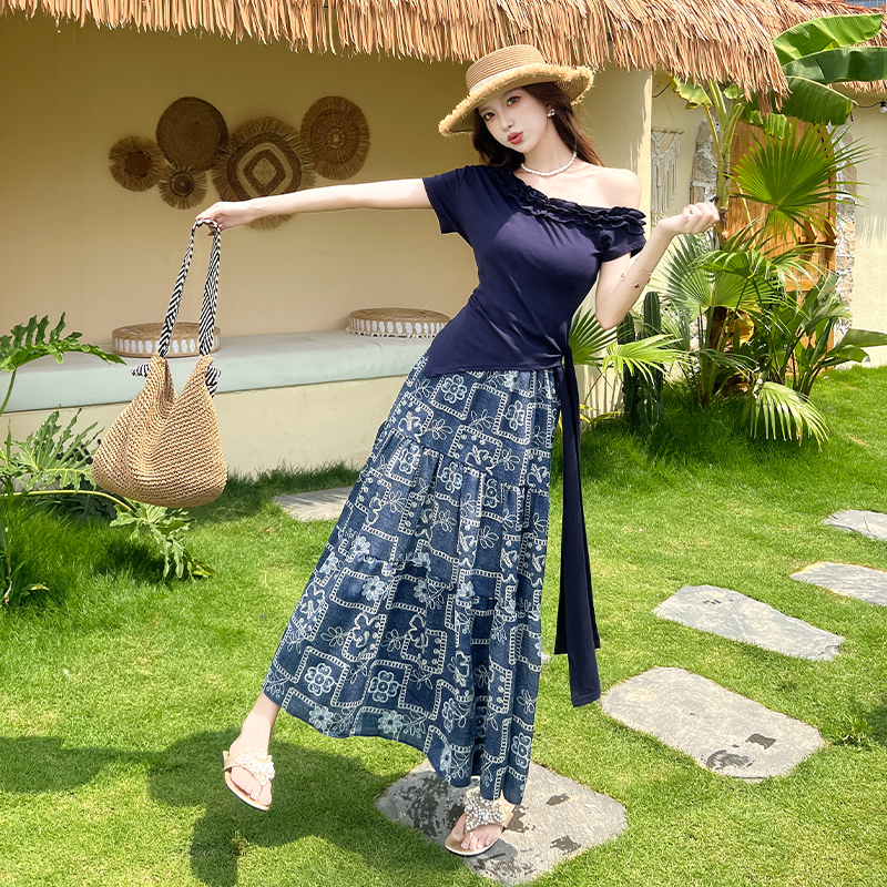 Side bandage vacation skirt summer tops 2pcs set