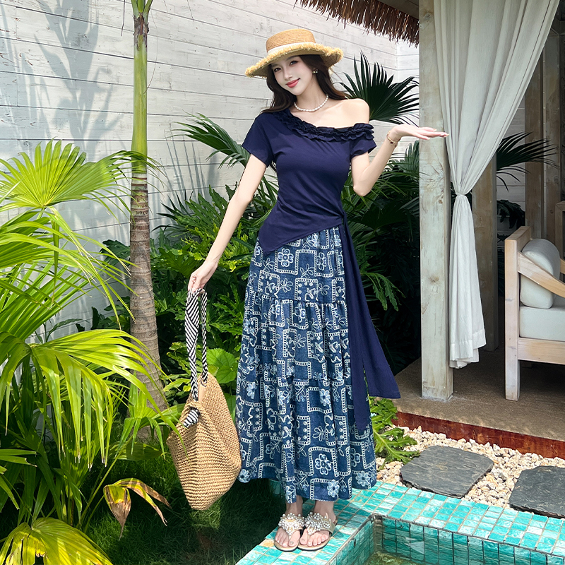 Side bandage vacation skirt summer tops 2pcs set