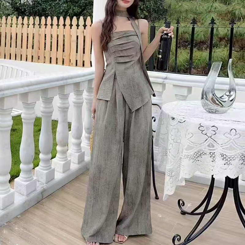 Niche loose vest split wide leg pants 2pcs set for women