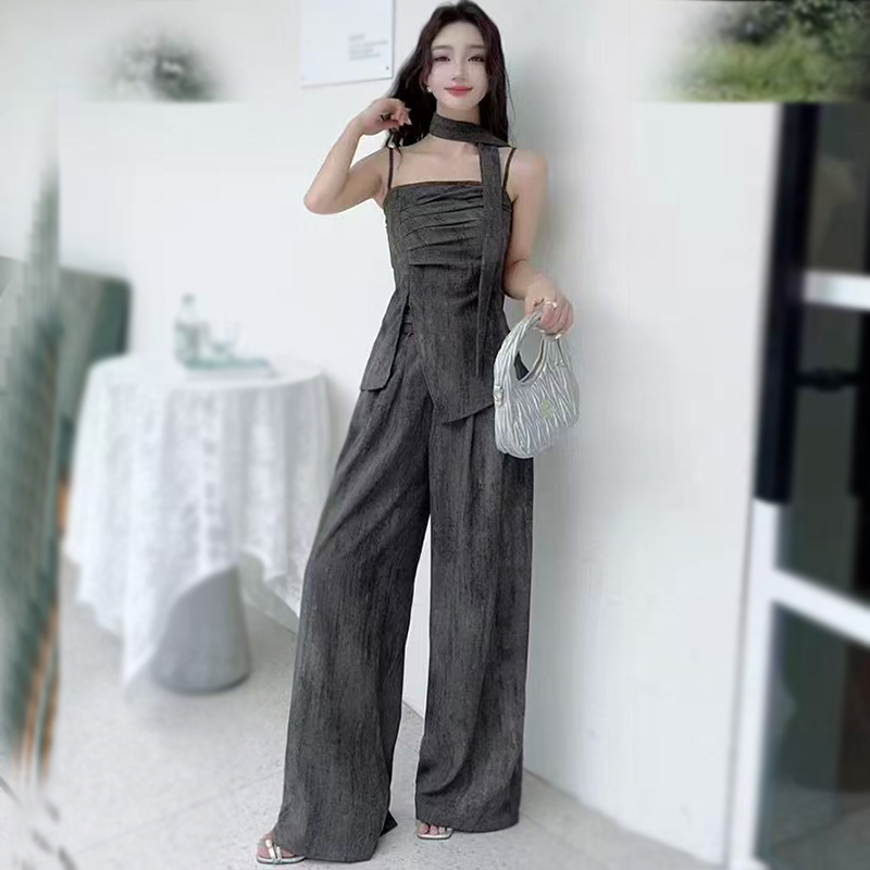 Niche loose vest split wide leg pants 2pcs set for women