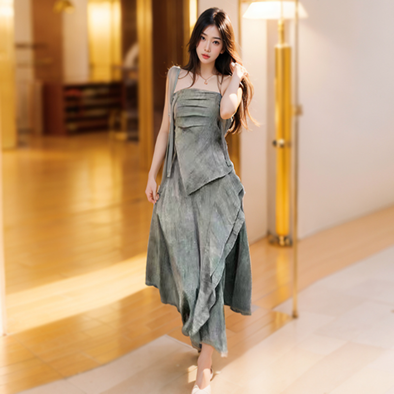 France style wrapped chest long dress irregular dress