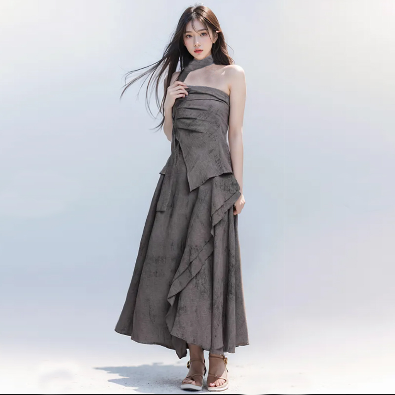 France style wrapped chest long dress irregular dress