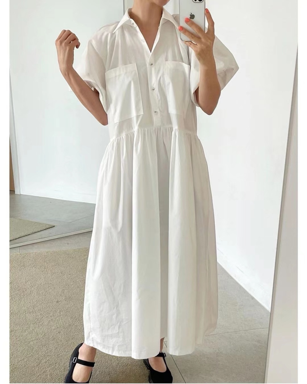 White navy-blue summer dress retro short sleeve shirt