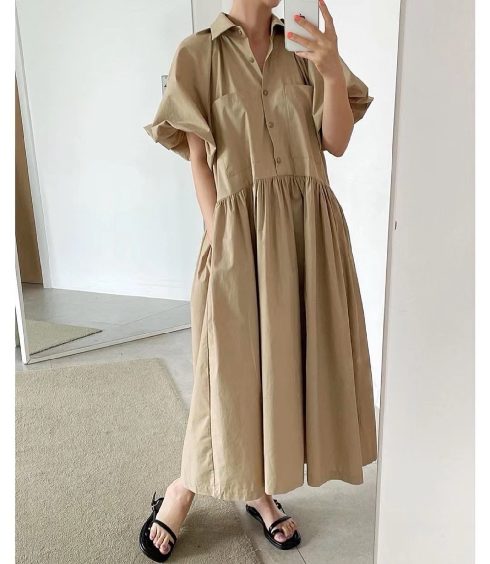 White navy-blue summer dress retro short sleeve shirt