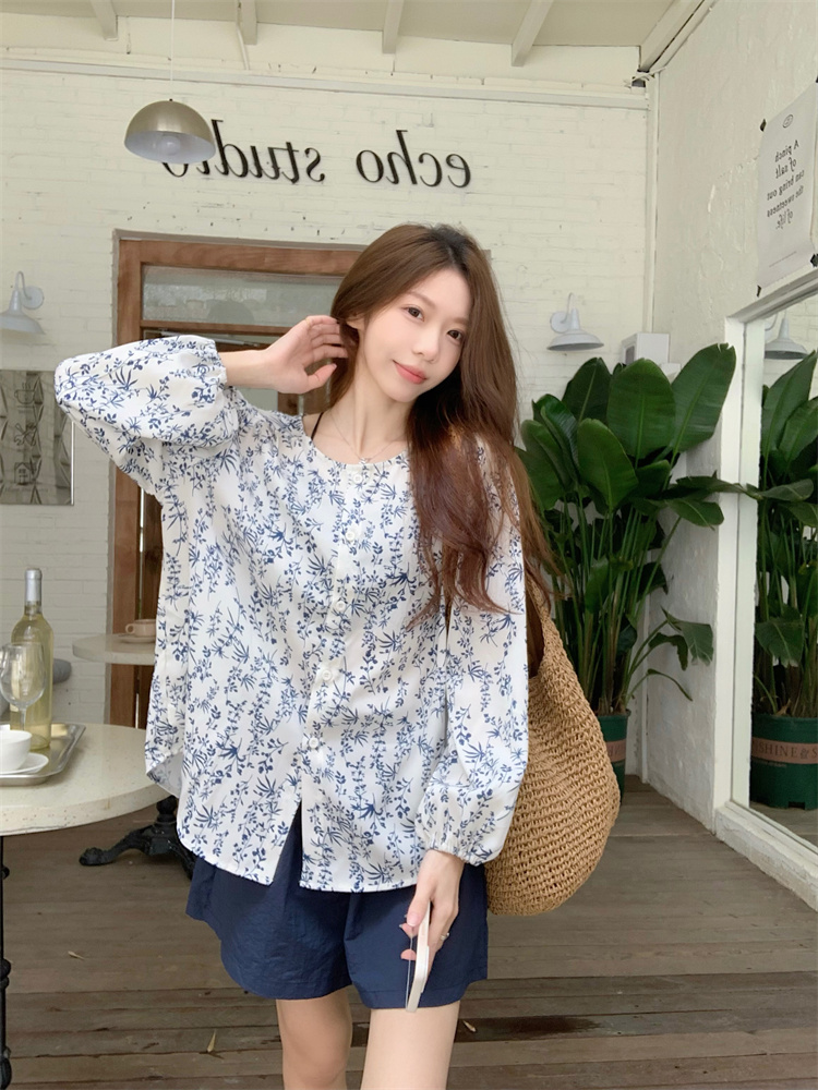 Lazy floral loose shirt sunscreen summer shorts 2pcs set