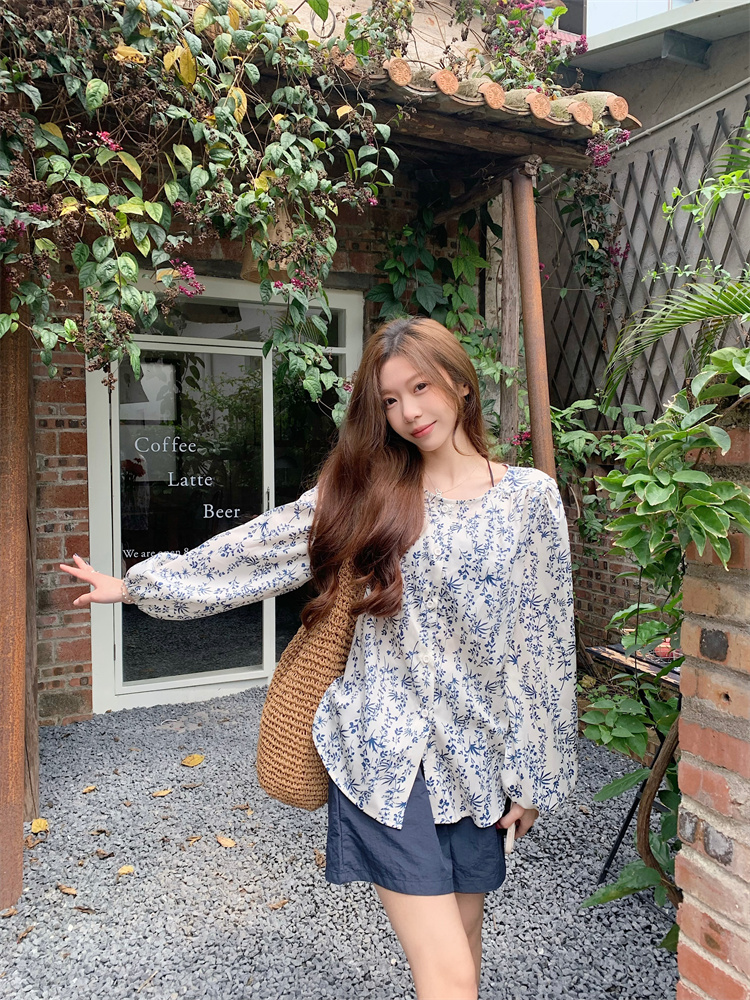 Lazy floral loose shirt sunscreen summer shorts 2pcs set