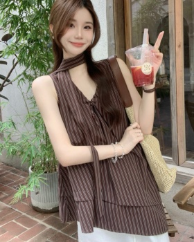 Vertical stripes loose vest irregular tops for women