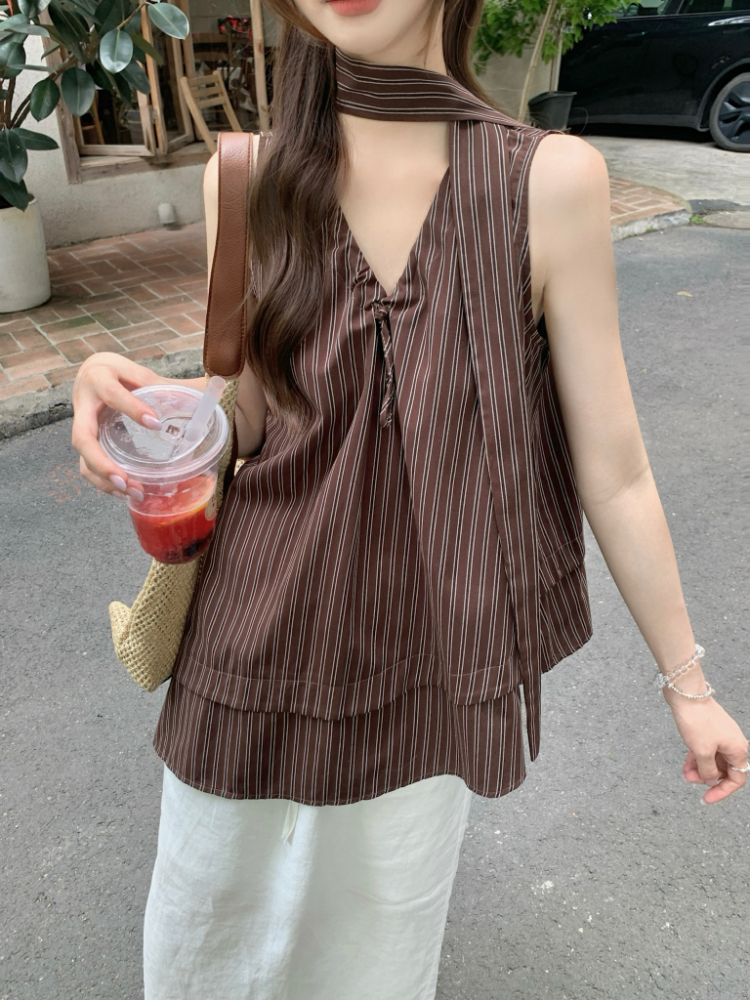 Vertical stripes loose vest irregular tops for women