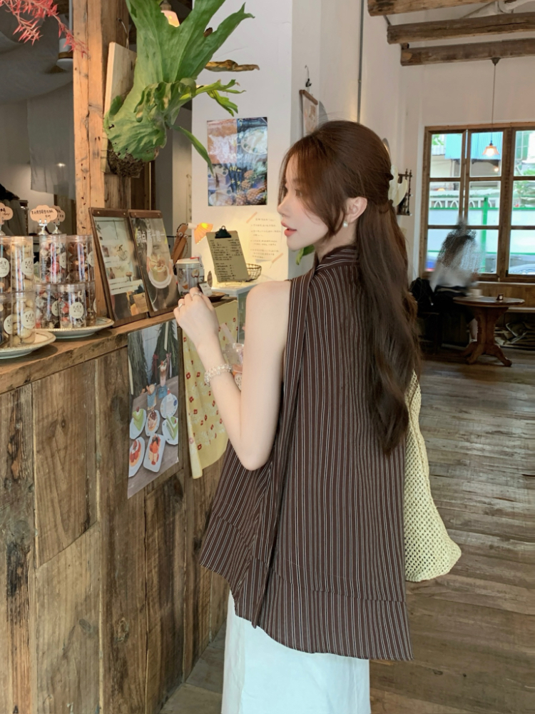 Vertical stripes loose vest irregular tops for women