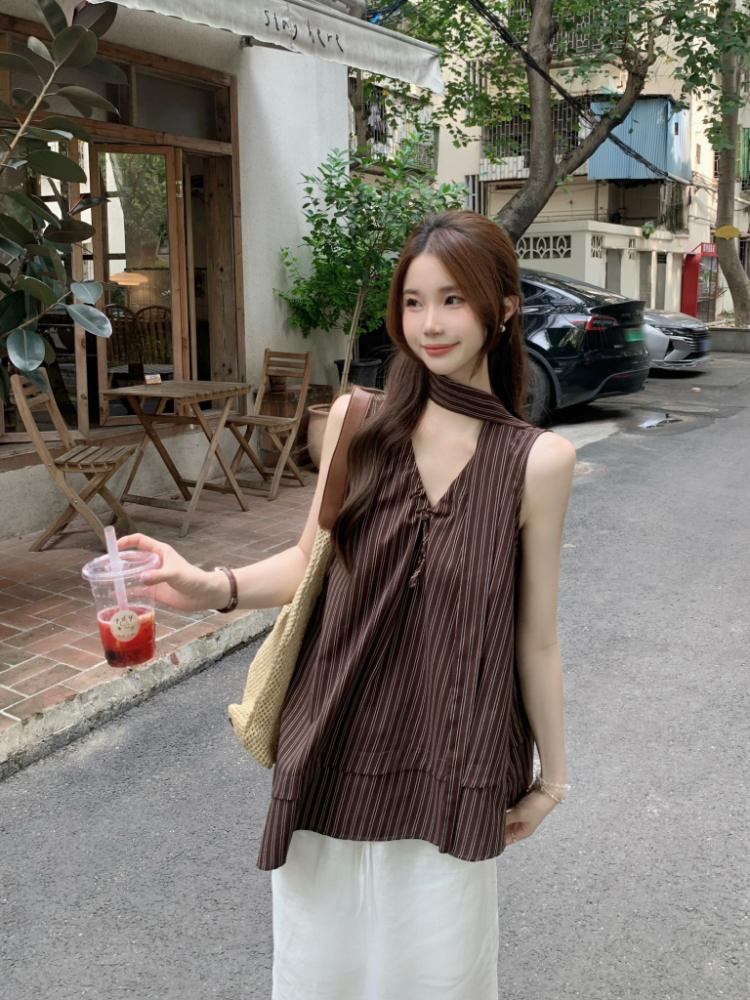 Vertical stripes loose vest irregular tops for women