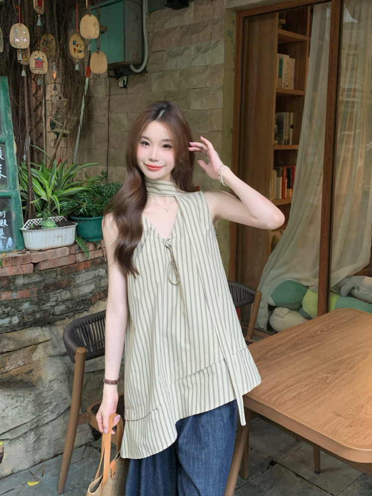 Vertical stripes loose vest irregular tops for women