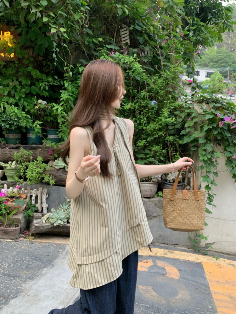 Vertical stripes loose vest irregular tops for women