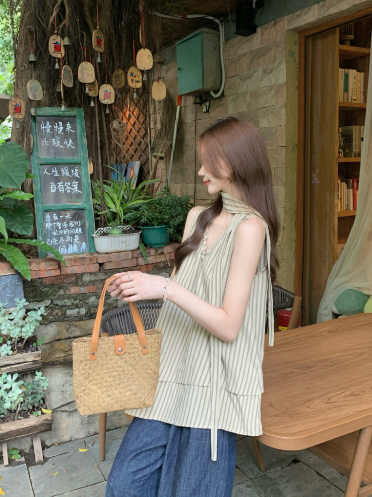 Vertical stripes loose vest irregular tops for women