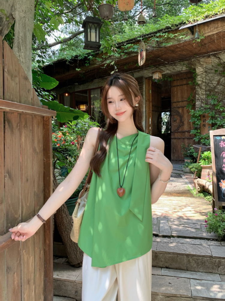 Sleeveless green slim shirt streamer collar temperament tops