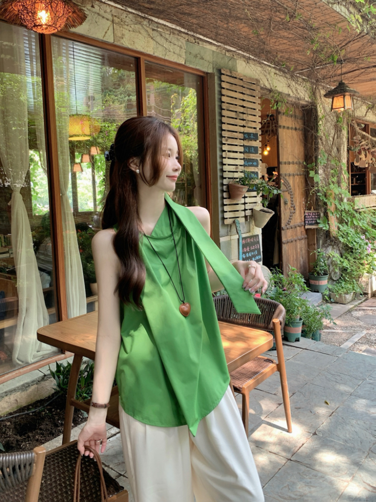Sleeveless green slim shirt streamer collar temperament tops