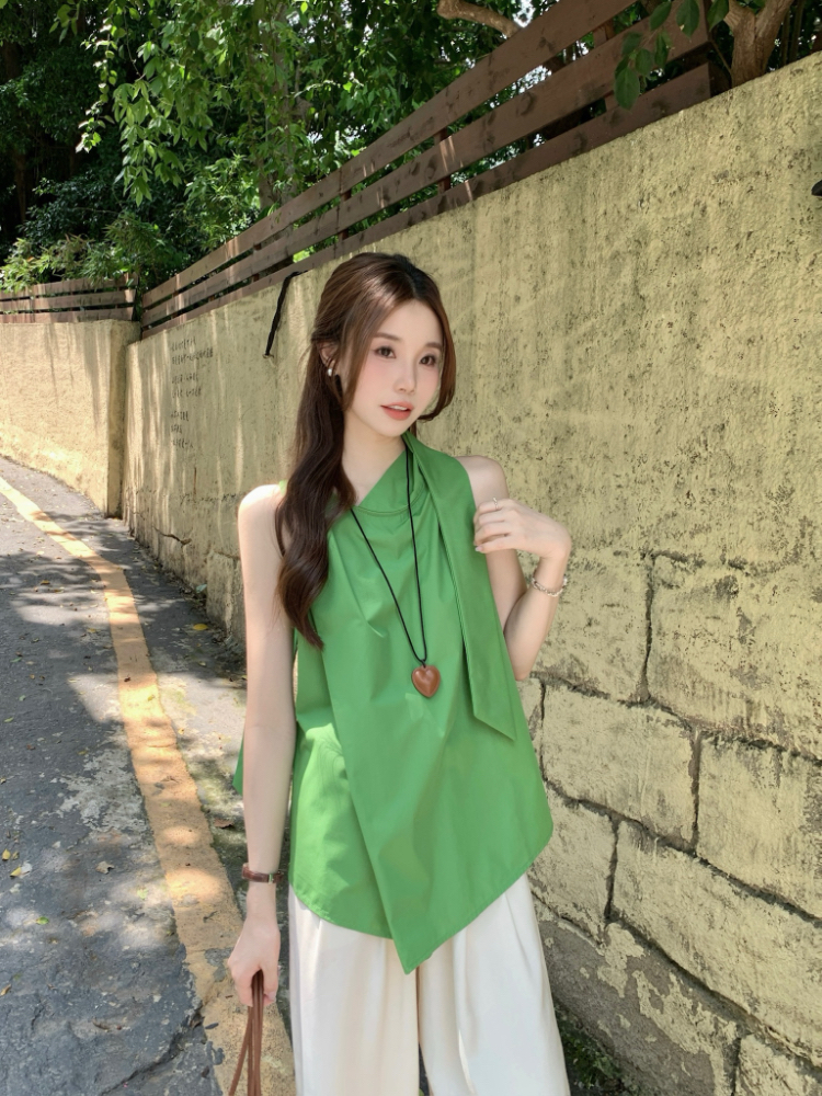 Sleeveless green slim shirt streamer collar temperament tops