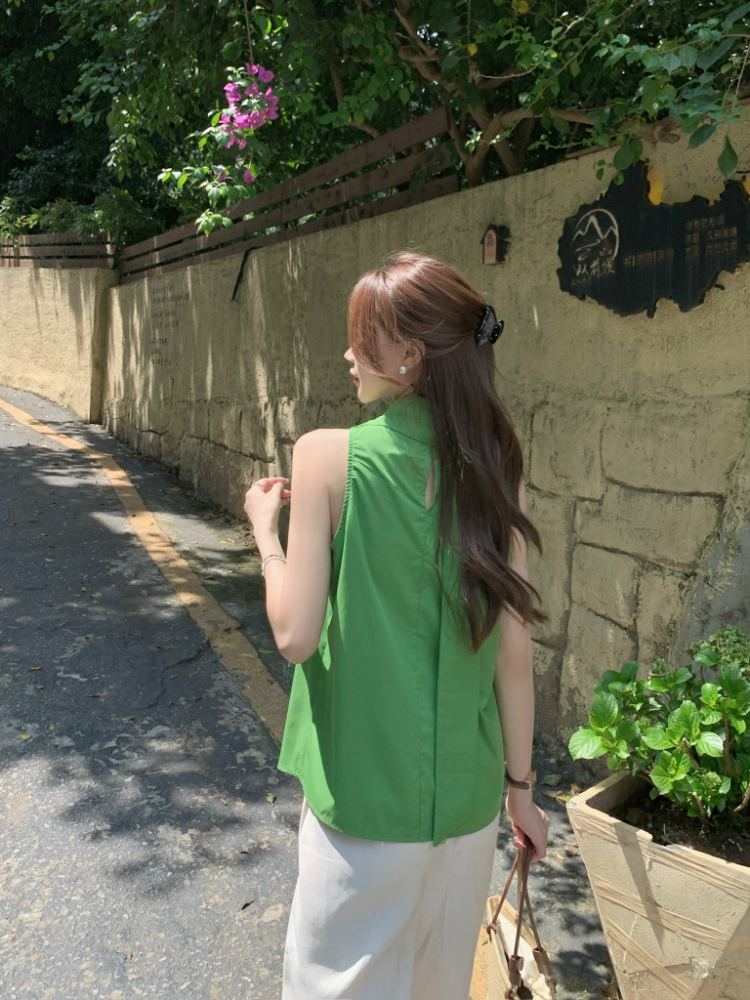 Sleeveless green slim shirt streamer collar temperament tops