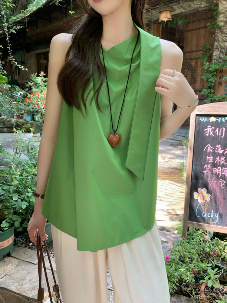 Sleeveless green slim shirt streamer collar temperament tops
